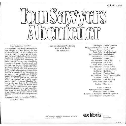 Occ.-LP Vinyl: Tom Sawyers Abenteuer - Schweizerdeutsch mit Hans Gmür, Ursula Schäppi, Ueli Beck uva.  2LPs