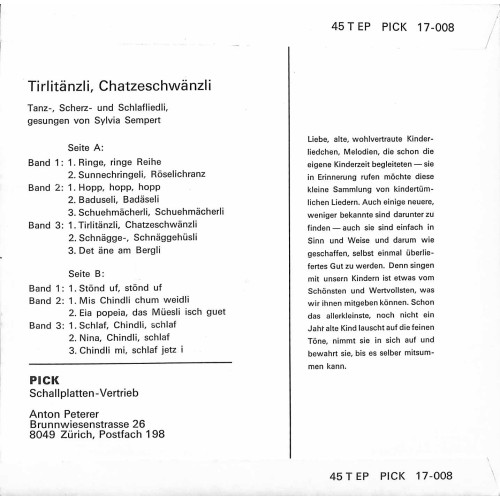 Occ. EP Vinyl: Tirlitänzli, Chatzeschwänzli - Liedli gesungen von Sylvia Sempert