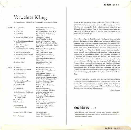 CD-Kopie von Vinyl: Verwehter Klang - Alte Spieldosen und Drehorgeln Peter Schifferli