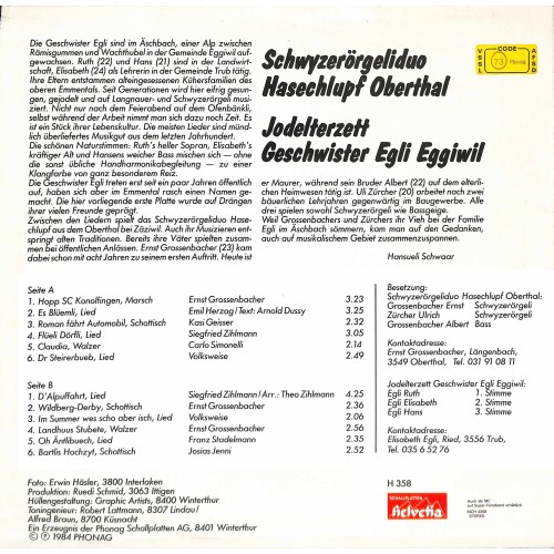 Schwyzerörgeliduo Hasechlupf Oberthal Jodelterzett Geschwister Egli Eggiwil - 1984
