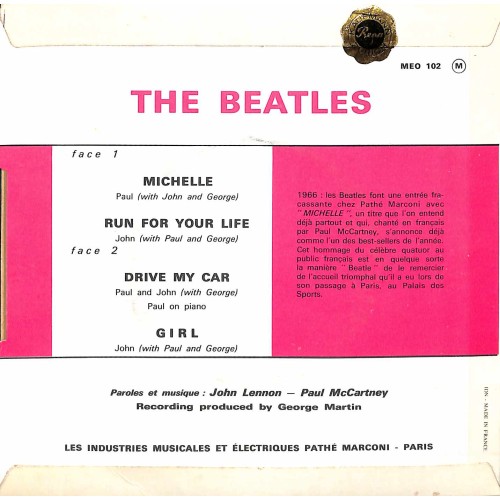 Occ. EP Vinyl: The Beatles - Michelle, Run four Life, Drive my car - Girl