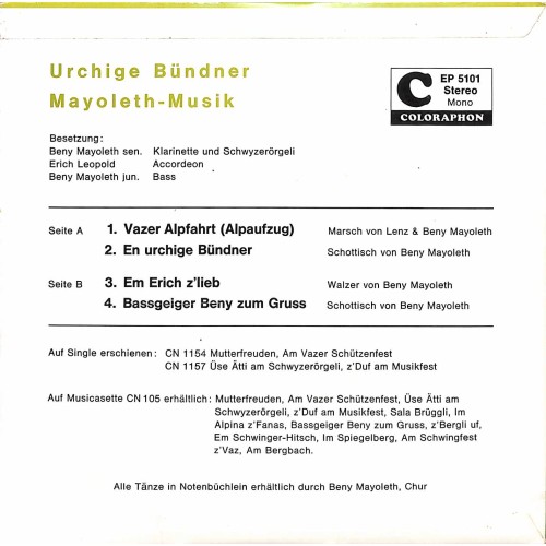 Occ. EP Vinyl: Original Ländler-Trio Beny Mayoleth - Urchigi Bündner Mayoleth-Musik
