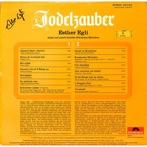 CD-Kopie von Vinyl: Esther Egli singt und jodelt beliebte Schweizer-Melodien - Jodelzauber