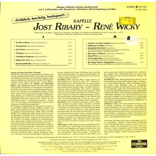 CD-Kopie von Vinyl: Kapelle Jost Ribary - René Wicky - Fröhlich, luschtig, bodeguet - 1987