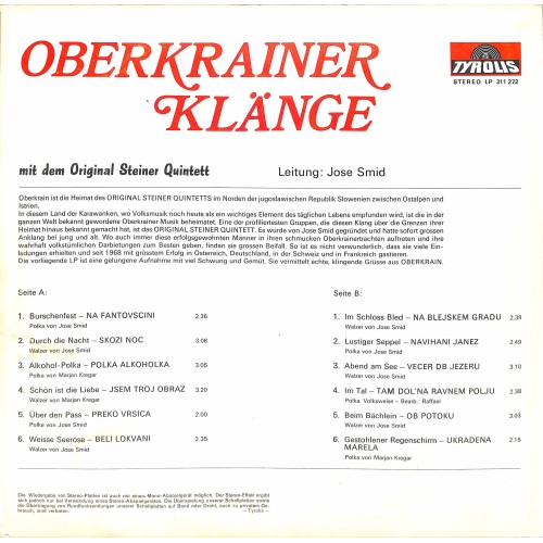 LP + CD: Oberkrainer Klänge mit dem Original Steiner Quintett - Ltg Jose Smid