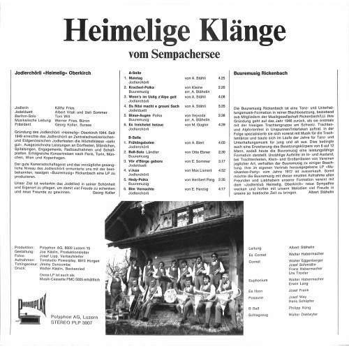 CD-Kopie von Vinyl: Jodlerchörli Heimelig Oberkirch - Heimelige Klänge vom Sempachersee