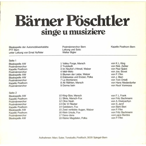 CD-Kopie von Vinyl: Bärner Pöschtler singe u musiziere - Postmännerchor Bern, Kapelle Posthorn Bern