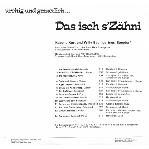 CD-Kopie von Vinyl: Kapelle Kurt und Willy Baumgartner Burgdorf - Das isch s'Zähni - 1976