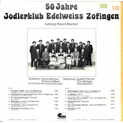CD-Kopie von Vinyl: Jodlerklub Edelweiss Zofingen, Ltg. Hanni Bracher - 50 Jahre
