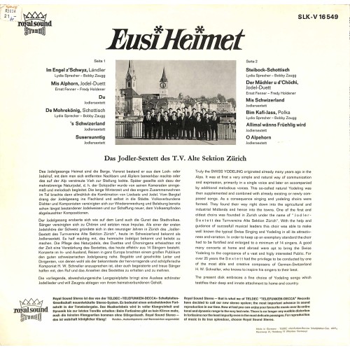 Occ. LP Vinyl: Jodler-Sextett T.V. Alte-Sektion Zürich, Eusi Heimet