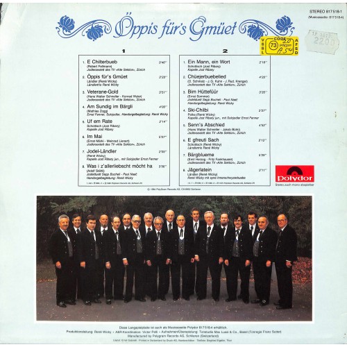 CD-Kopie von Vinyl: Jodler-Sextett des TV Alte Sektion - Sepp Bucheli-Paul Naef, Ernst Fenner - Öppis für's Gmüet -1984