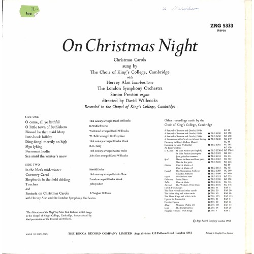 CD-Kopie von Vinyl: On Christmas Night - Choir of King's College Cambridge The London Symphony Orchestra - 1962