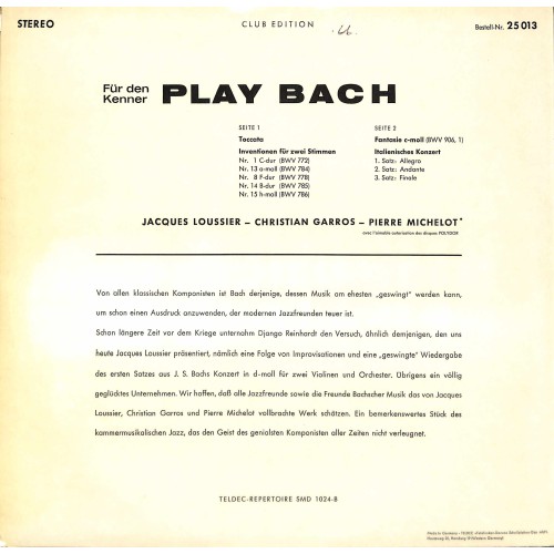 CD-Kopie von Vinyl: Jacques Loussier, Christian Garros, Pierre Michelot – Für Den Kenner - Play Bach