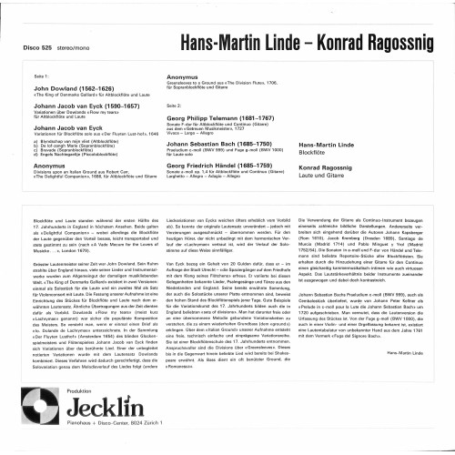 CD: Hans-Martin Linde, Konrad Ragossnig-Bach/Händel/Telemann/Dowland/Van Eyck – Jecklin 525