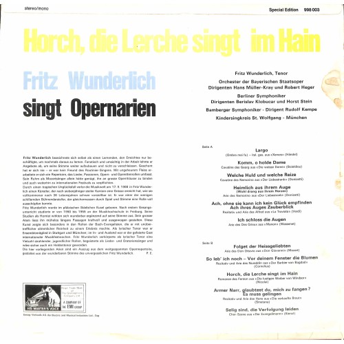 CD-Kopie von Vinyl: Fritz Wunderlich – Horch, Die Lerche Singt Im Hain (Fritz Wunderlich Singt Opernarien)