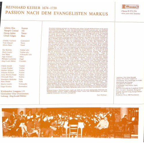 CD-Kopie von Vinyl: Reinhard Keiser – Markus Passion, Kirchenchor Langnau i.E. Gemischter Chor Zweisimmen Jörg Ewald Dähler, 2 LPs