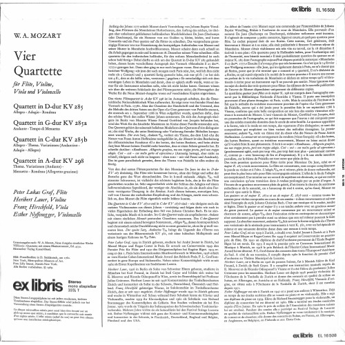 LP + CD: Wolfgang Amadeus Mozart, Peter-Lukas Graf, Heribert Lauer, Franz Hirschfeld, Esther Nyffenegger – Vier Quartette - 1969