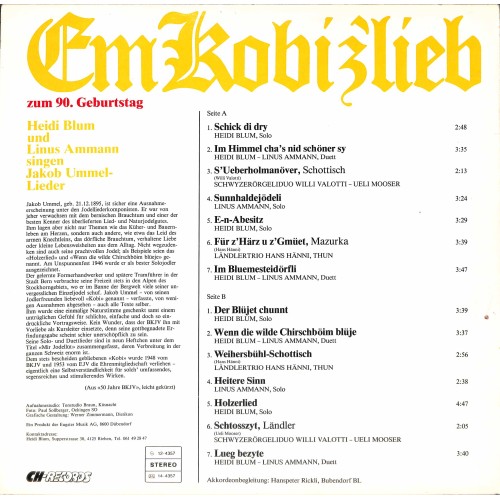 CD-Kopie von Vinyl: Heidi Blum und Linus Ammann singen Jakob Ummel-Lieder  zum 90. Geburtstag