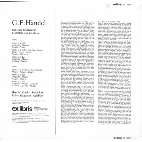 CD + LP: G.F. Händel - Hans M. Kneihs, Isolde Ahlgrimm – Sechs Sonaten Für Blockflöte Und Cembalo
