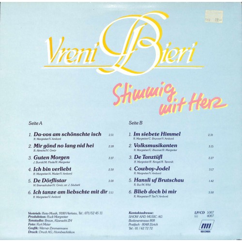 CD-Kopie von Vinyl: Vreni Bieri – Stimmig mit Herz - 1987