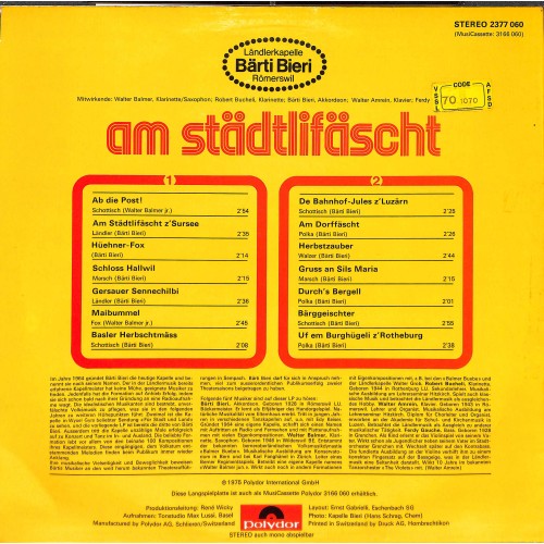 CD-Kopie von Vinyl: Ländlerkapelle Bärti Bieri, Römerswil – Am Städtlifäscht - 1975