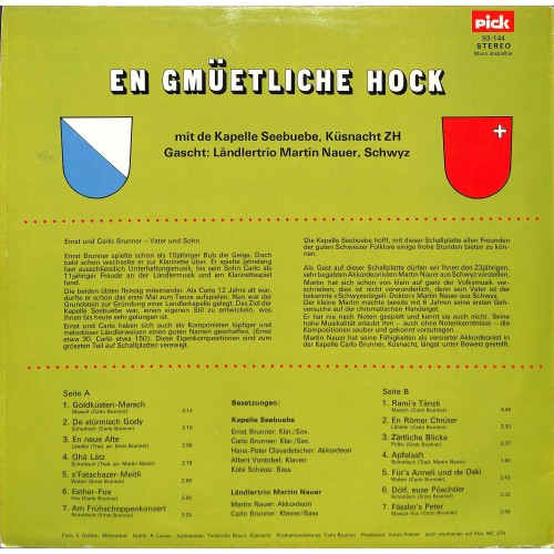 CD-Kopie von Vinyl: Kapelle Seebuebe, Küsnacht / ZH Gascht: Ländlertrio Martin Nauer, Schwyz – En Gmüetliche Hock - 1975 