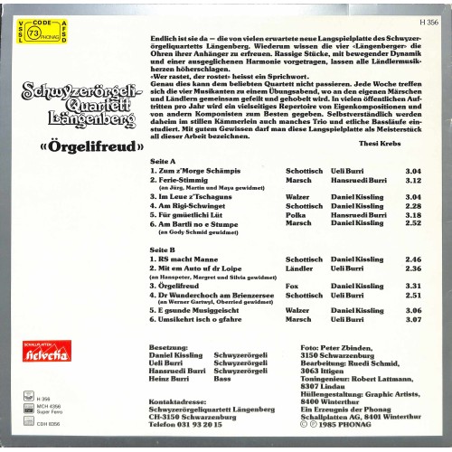 CD-Kopie von Vinyl: Schwyzerörgeli-Quartett Längenberg – Örgelifreud - 1985 