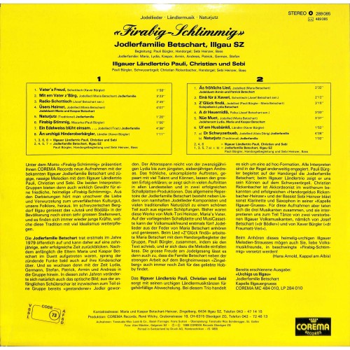 CD-Kopie von Vinyl: Jodlerfamilie Betschart, Illgauer Ländlertrio Pauli, Christian Und Sebi – Firabig-Schtimmig - 1989