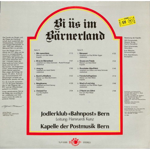 CD-Kopie von Vinyl: Jodlerklub Bahnpost Bern, Kapelle Postmusik Bern - Bi üs im Bärnerland - 1984