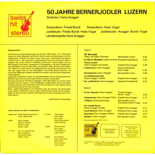 CD Jodlerklub Bernerjodler, Luzern, LKHans Aregger, Brieda Bundi, Hedy Vogel, Aregger-Bundi-Vogel – 50 Jahre Bernerjodler Luzern - 1983 