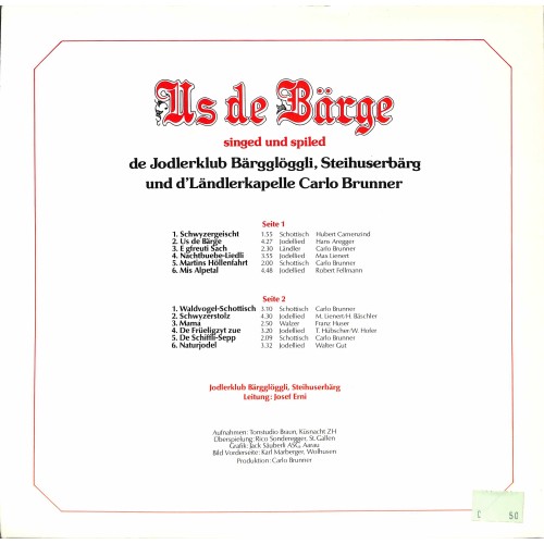 CD-Kopie von Vinyl: Jodlerklub Bärgglöggli, Steihuserbärg, Ländlerkapelle Carlo Brunner – Us de Bärge - 1979 
