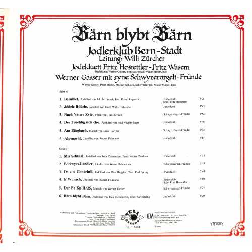 CD Jodlerklub Bern-Stadt, Fritz Hostettler - Fritz Wasem, Werner Gasser Mit Syne Schwyzerörgeli-Fründe – Bärn Blybt Bärn - 1986 