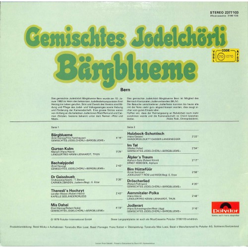 CD-Kopie von Vinyl: Gemischtes Jodelchörli Bärgblueme Bern – Gemischtes Jodelchörli Bärgblueme - 1979 