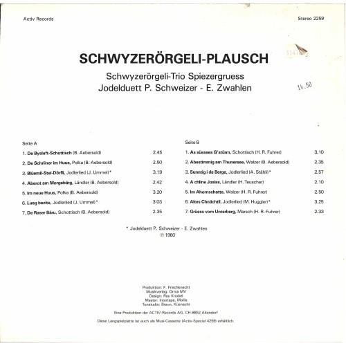 CD-Kopie von Vinyl: Schwyzerörgeli-Trio Spiezergruess, Jodelduett P. Schweizer / E. Zwahlen – Schwyzerörgeli-Plausch - 1980 