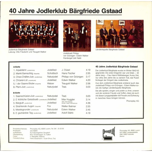 CD-Kopie von Vinyl: Jodlerklub Bärgfriede Gstaad - 40 Jahre - Bi üns im Saaneland - 1982