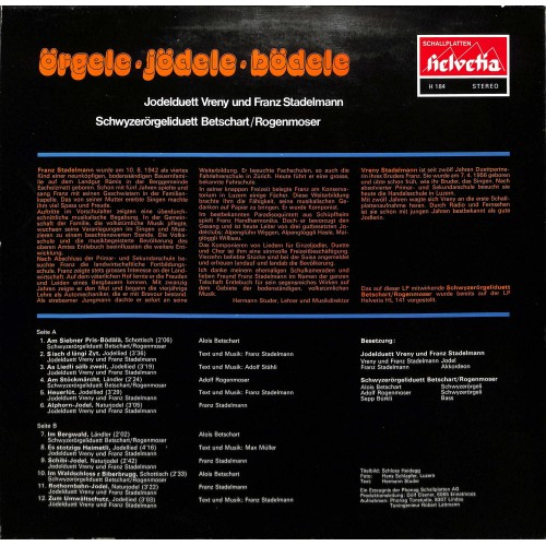 CD-Kopie von Vinyl: Jodelduett Vreny Und Franz Stadelmann, Schwyzerörgeliduett Betschart / Rogenmoser – Örgele, Jödele, Bödele