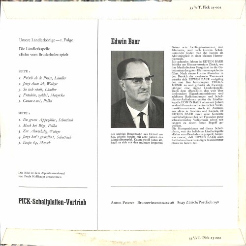 CD-Kopie von Vinyl: Die Ländlerkapelle «Echo Vom Bruderholz» – Spielt Edwin Baer - 1 Folge 