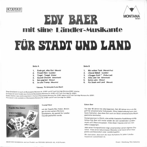 CD-Kopie von Vinyl: Edy Baer Mit Siine Ländler-Musikante – Für Stadt Und Land - 1974 