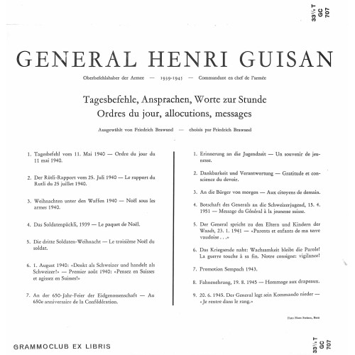 LP Vinyl: Général Henri Guisan – Tagesbefehle, Ansprachen, Worte Zur Stunde = Ordre Du Jour, Allocutions, Message