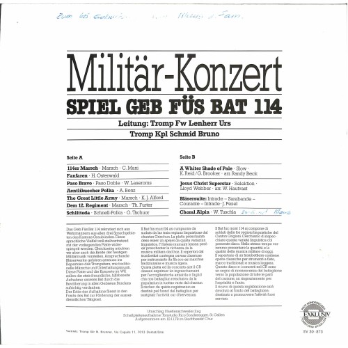 CD-Kopie von Vinyl: Spiel Geb Füs Bat 114, Ltg Tromp Fw Lenherr Urs, Tromp Kpl Schmid Bruno