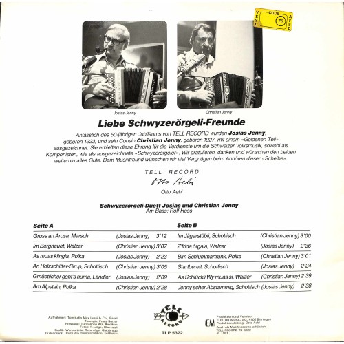 CD-Kopie von Vinyl: Schwyzerörgeliduo Josias und Christian Jenny - Si isch guat d'Jenny-Musig