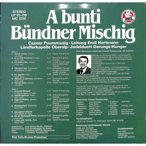 LP + CD: Cazner Puuramusig, Ländlerkapelle Oberalp, JD Derungs-Hunger - A bunti Bündner Mischig - 1984