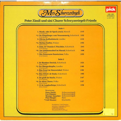 CD-Kopie von Vinyl: Peter Zinsli und sini Churer Ländlerfründa - Mys Schwyzerörgeli - 1980