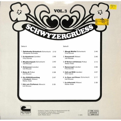 CD-Kopie von Vinyl: Schwyzergrüess Vol. 3 - Willi Valotti, Fritz Dünner, Ueli Mooser Und Walter Alder – Rassigi Unterhaltig Im Bündnerstil