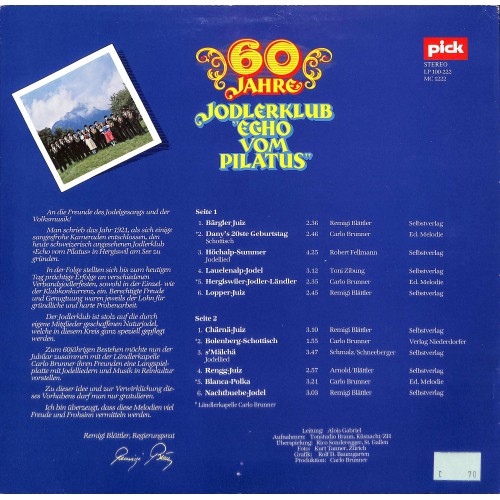 CD-Kopie von Vinyl: 60 Jahre Jodlerklub Echo vom Pilatus - 1981