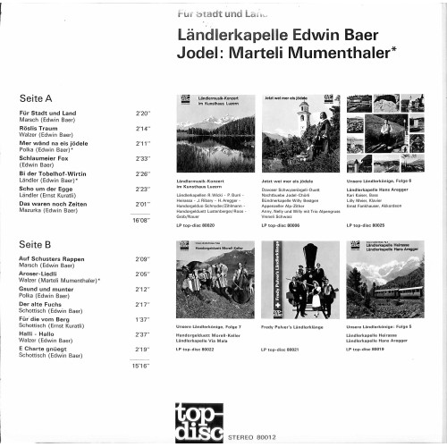 CD-Kopie von Vinyl: Ländlerkapelle Edwin Baer, Jodel: Marteli Mumenthaler - Für Stadt und Land