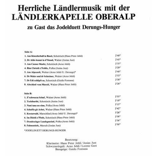CD-Kopie von Vinyl: Ländlerkapelle Oberalp mit Jodelduett Derungs-Hunger - Herrliche Ländlermusik - 1979