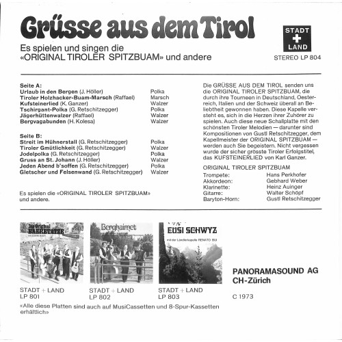 CD-Kopie von Vinyl: Original Tiroler Spitzbuam - Grüsse aus dem Tirol - 1973