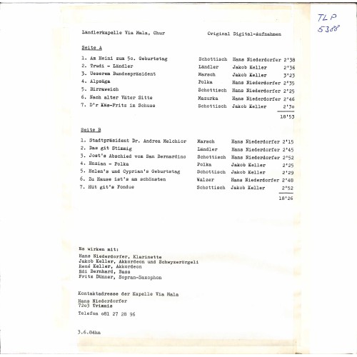 CD-Kopie von Vinyl: 50 Jahre Schweizer Folklore - Ländlerkapelle Via Mala - 1984