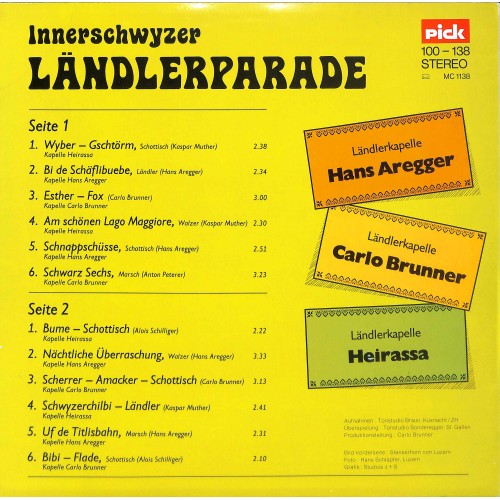 Ländlerkapellen Hans Aregger, Carlo Brunner, Heirassa - Innerschwyzer Ländlerparade - 1978